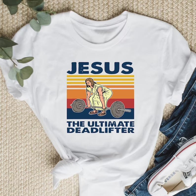 Jesus The Ultimate Deadlifter Weight Lifting Vintage T-Shirt - Image 2