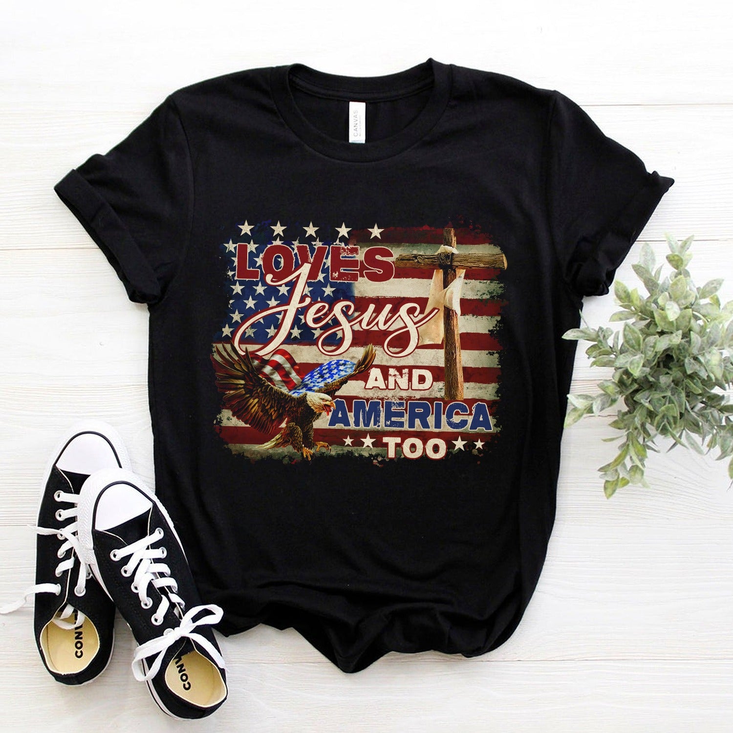Loves Jesus And America Too, Jesus Lover America T-Shirt - Image 2