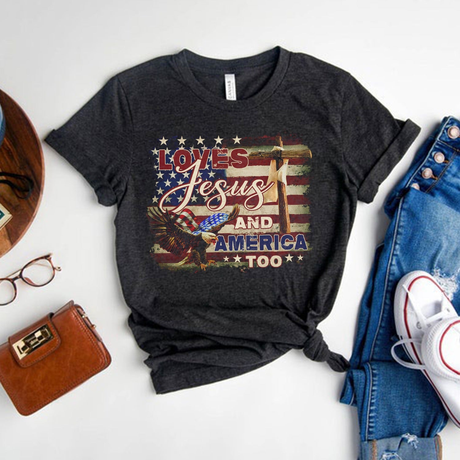 Loves Jesus And America Too, Jesus Lover America T-Shirt - Image 3