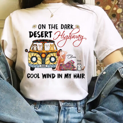 Cat And Hippie Girl On A Dark Desert Highway Cool Wind in My Hair T-Shirt