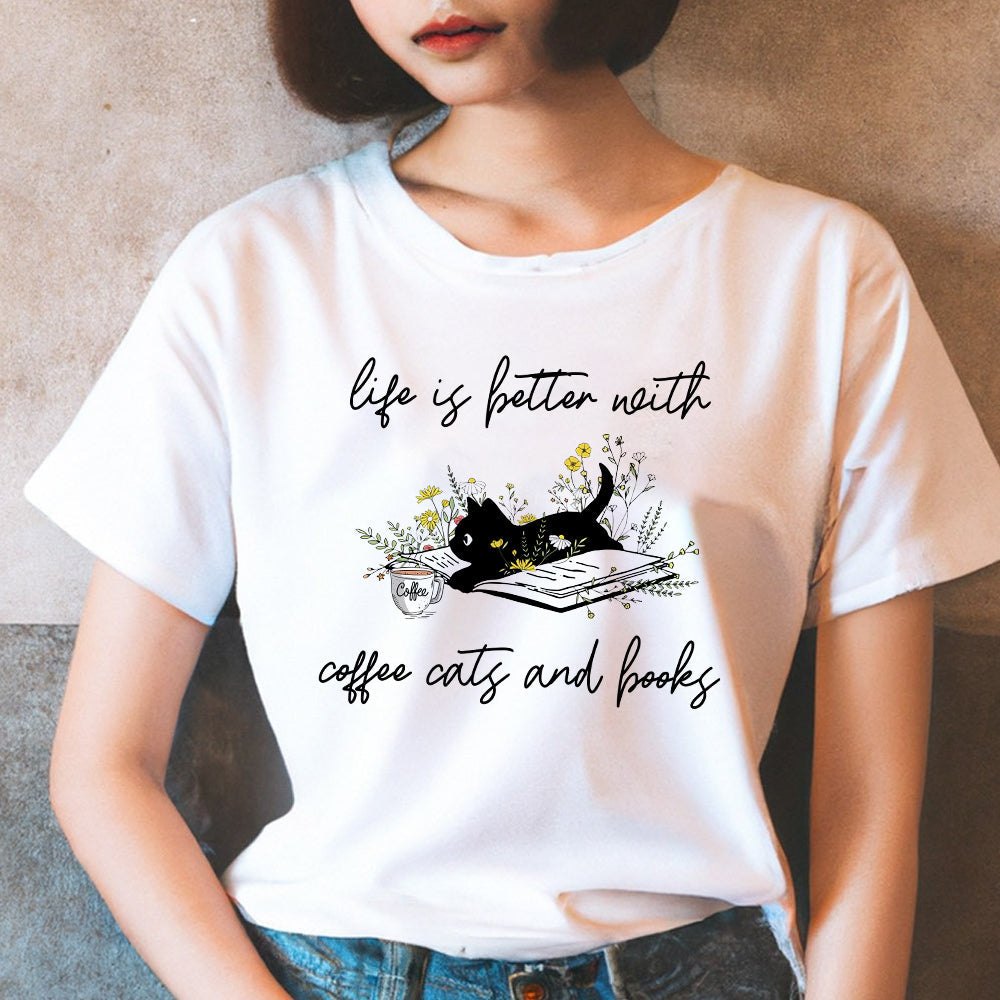 Life Is Better With Coffee Cats And Books Cat T-Shirt - Image 2