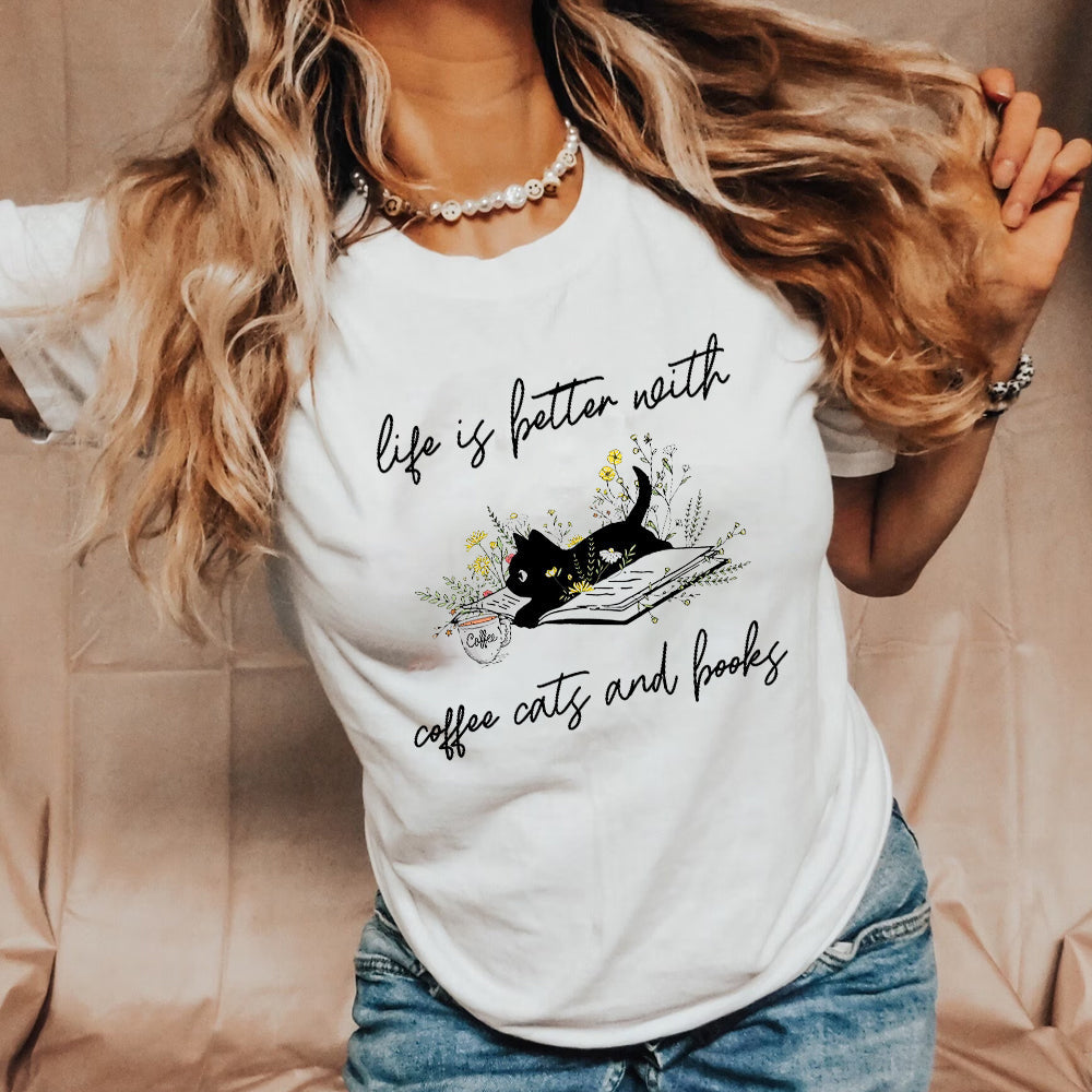 Life Is Better With Coffee Cats And Books Cat T-Shirt - Image 3