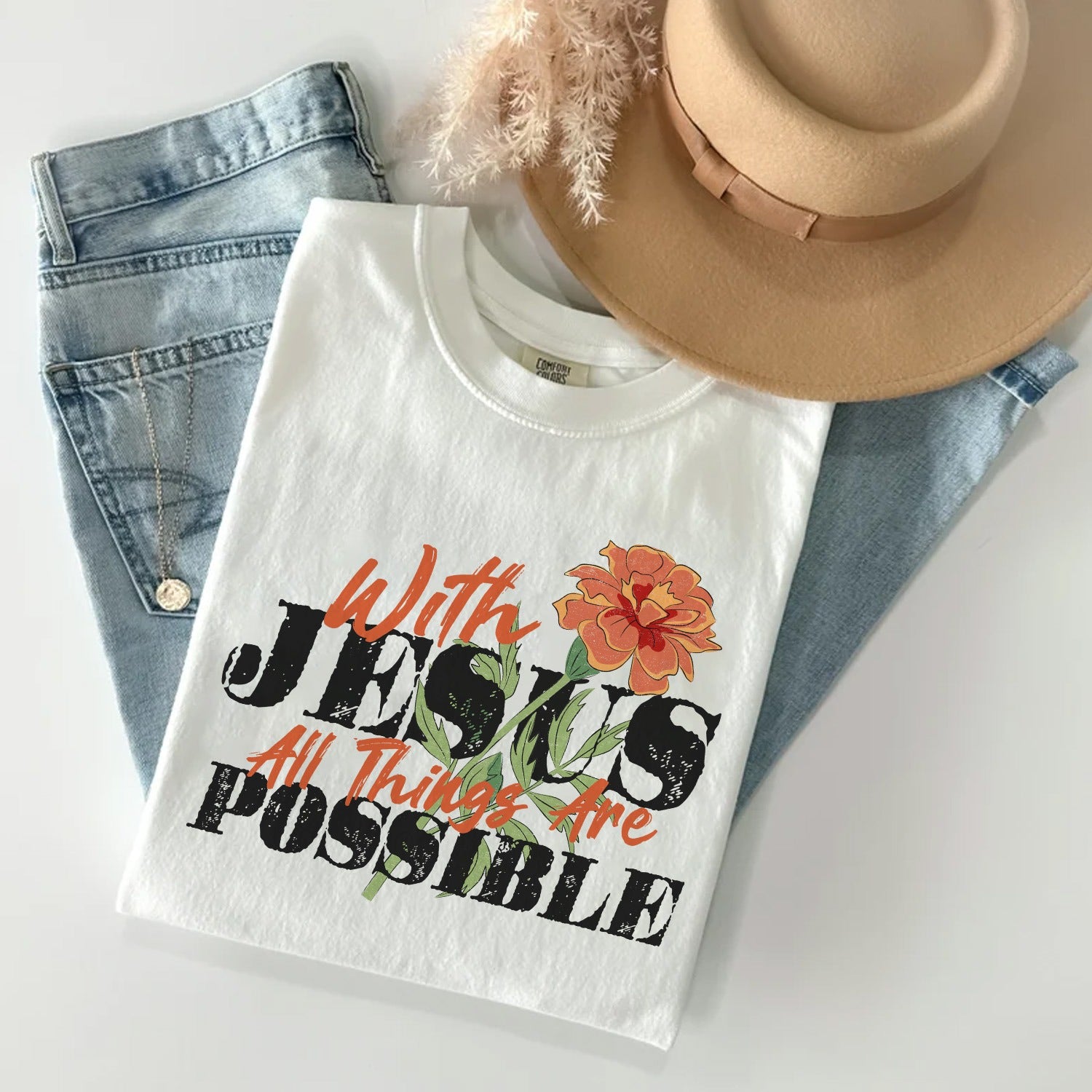 Custom Birth Month Flower With Jesus All Things Are Possible - Gift For Christian T-Shirt - Image 2