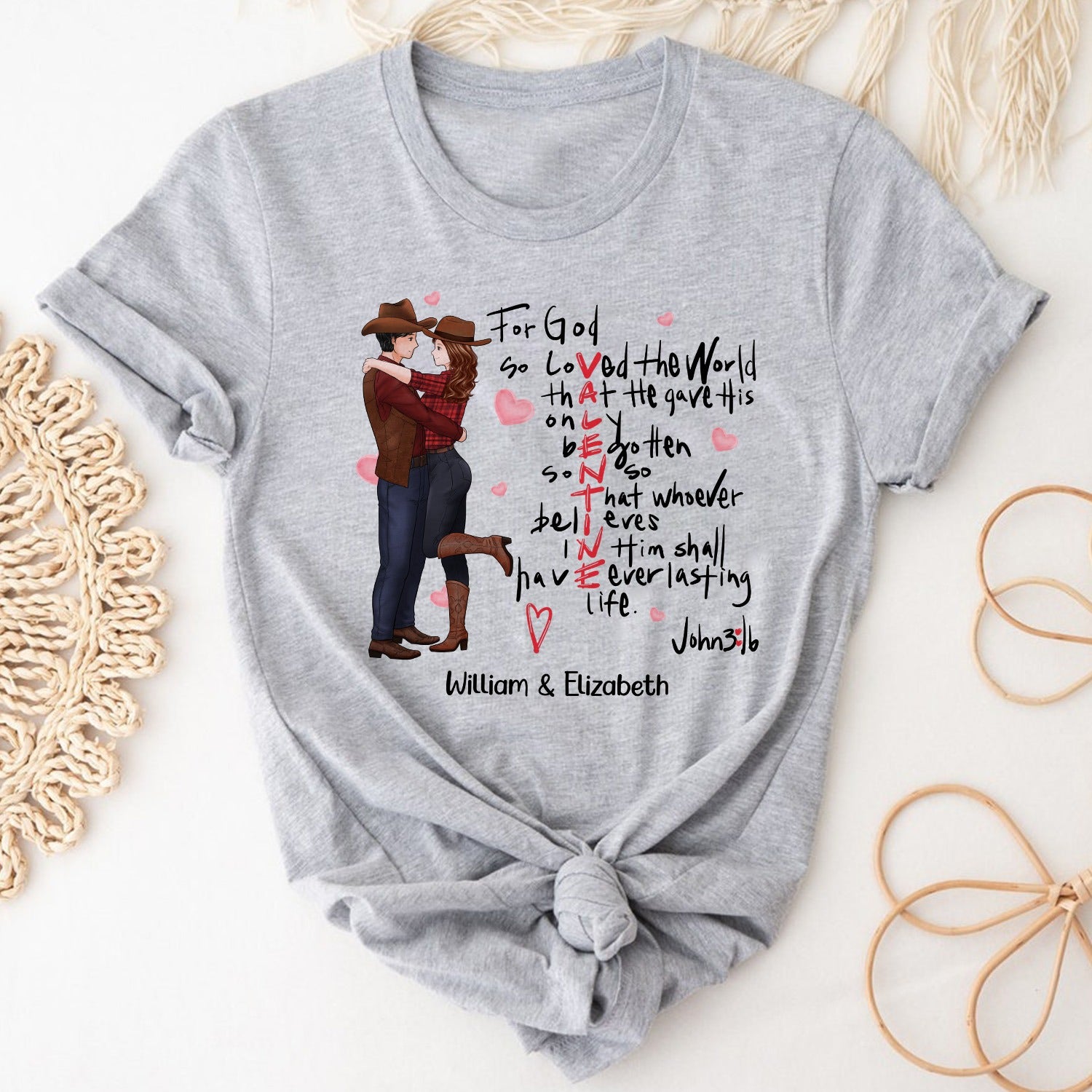Custom Cowboy Couple, For God So Loved The World John 3:16 - God's Valentine T-Shirt - Image 2