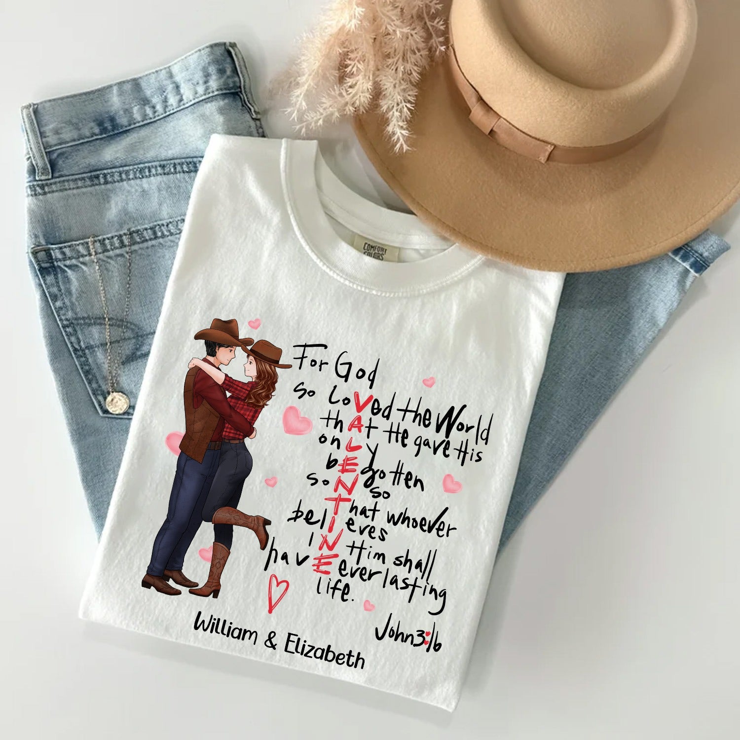 Custom Cowboy Couple, For God So Loved The World John 3:16 - God's Valentine T-Shirt - Image 3