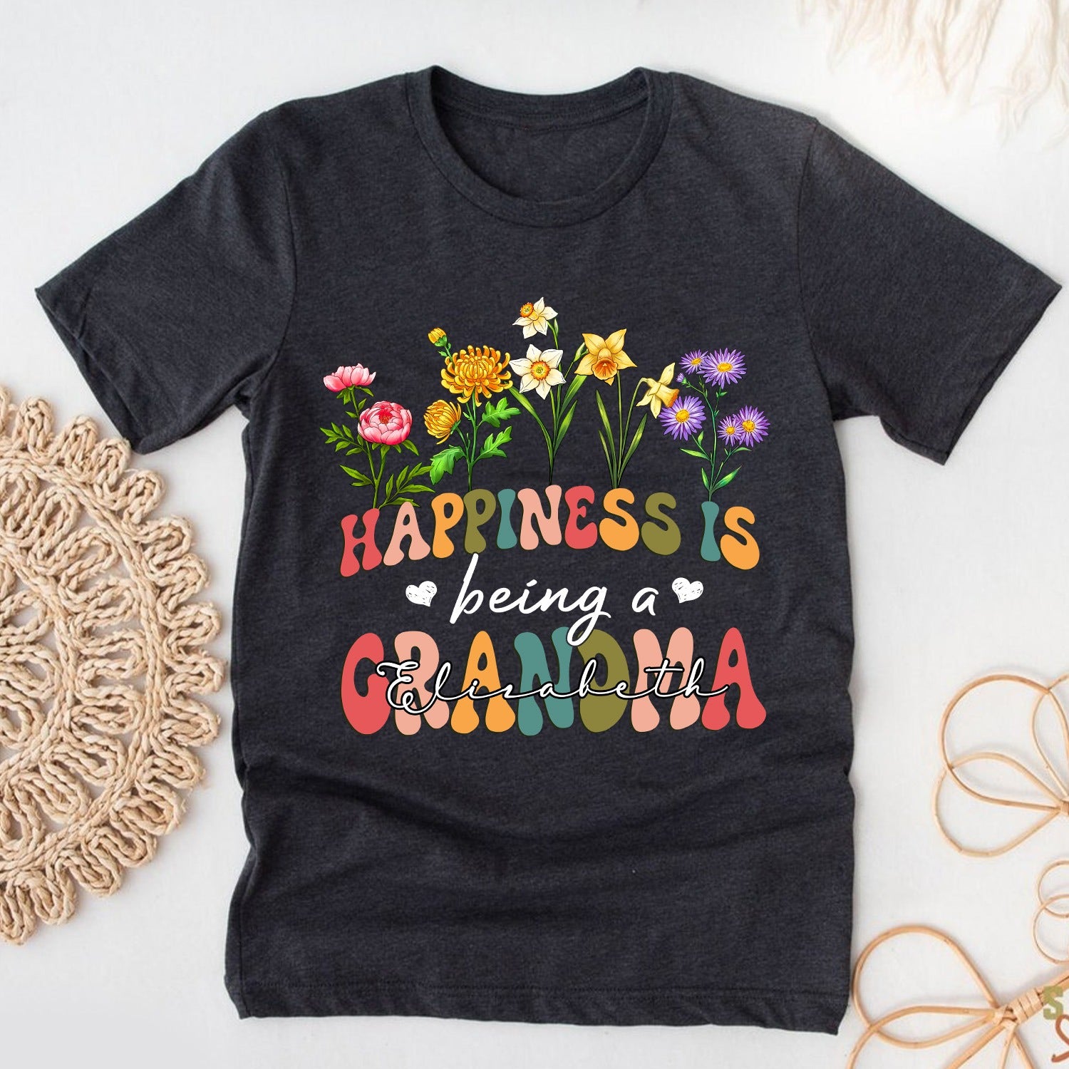 Custom Flower Happiness Is Being A Grandma - Funny Gifts For Grandma T-Shirt - Image 2
