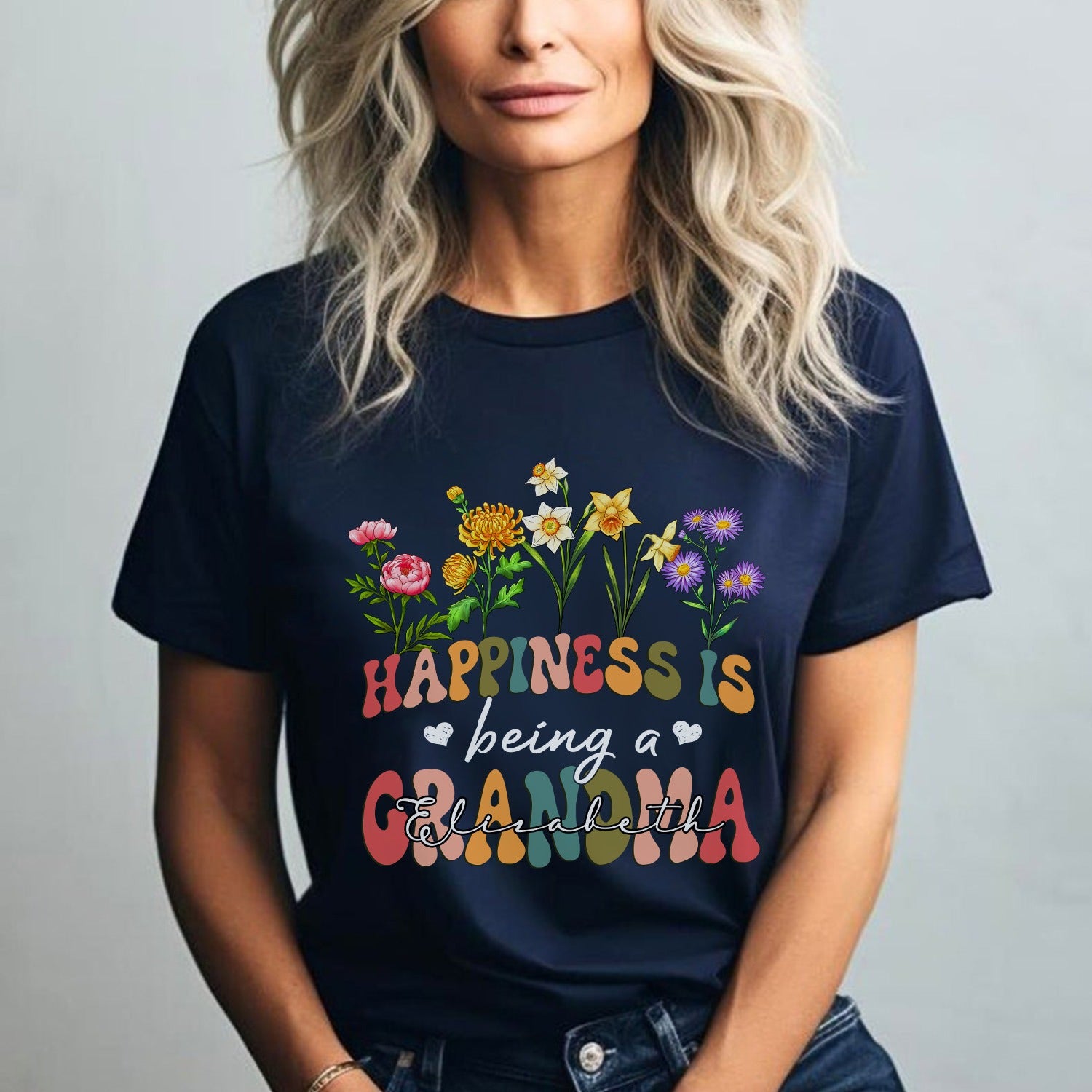 Custom Flower Happiness Is Being A Grandma - Funny Gifts For Grandma T-Shirt