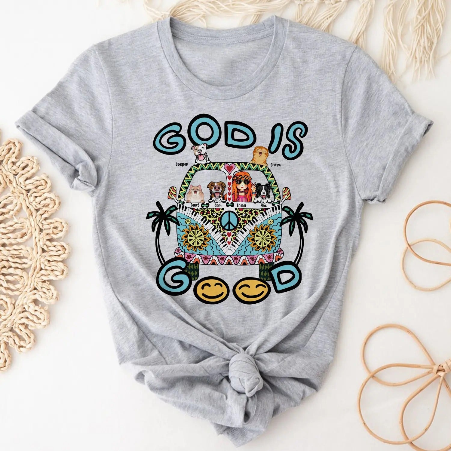 Custom Hippie Girl T-Shirt for Christian Pet Lover, God Is Good-Christian T-Shirt - Image 3