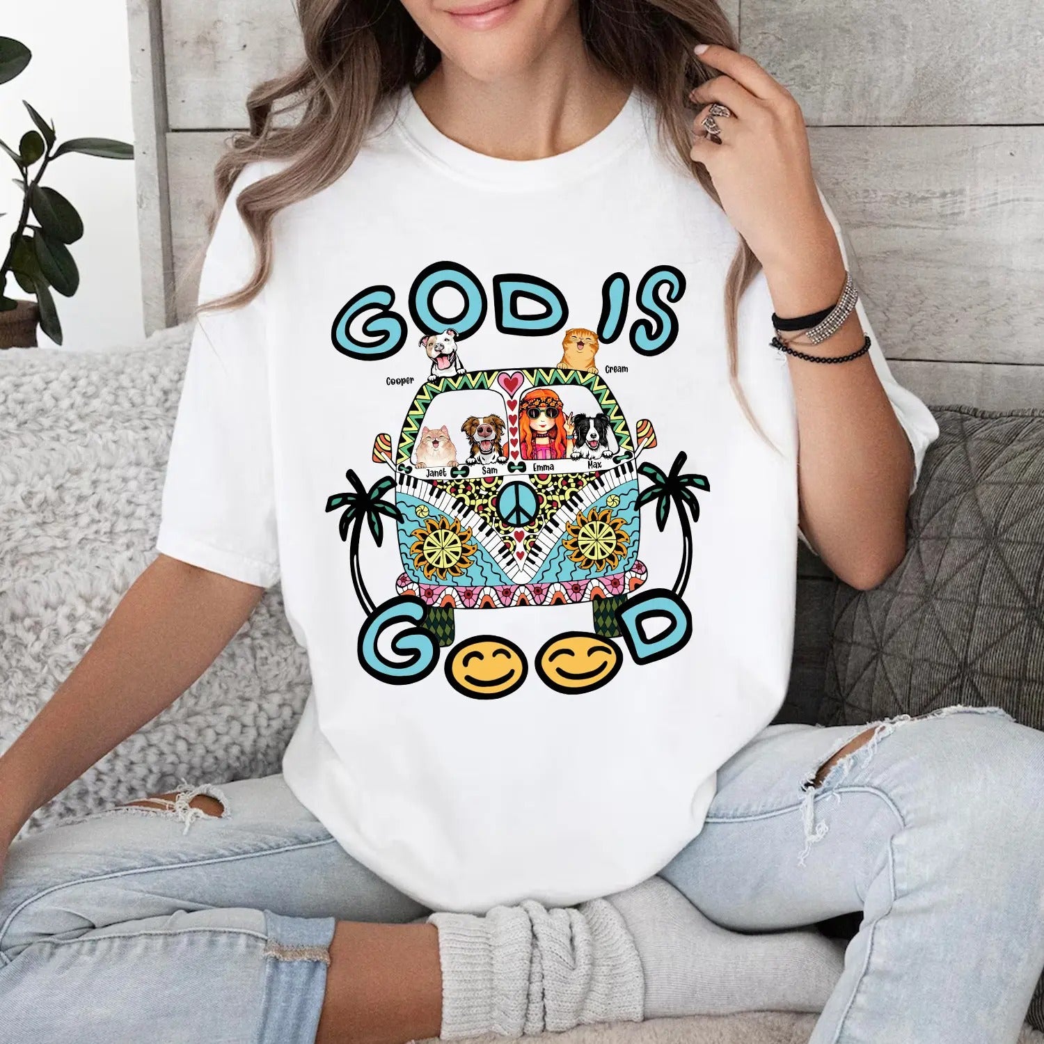 Custom Hippie Girl T-Shirt for Christian Pet Lover, God Is Good-Christian T-Shirt - Image 2