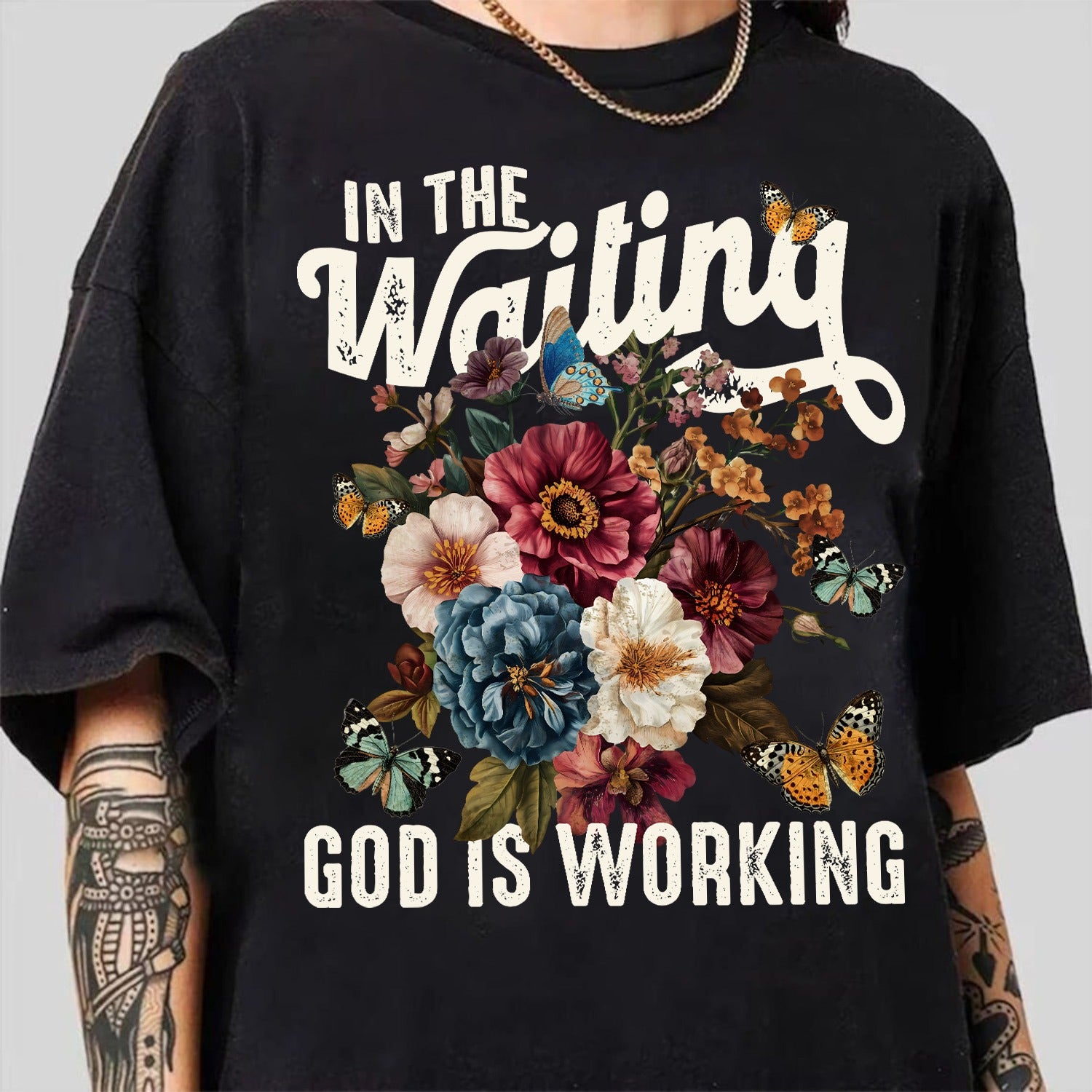 In The Waiting God Is Working T-Shirt, Vintage Floral Christian T-Shirt - Image 2