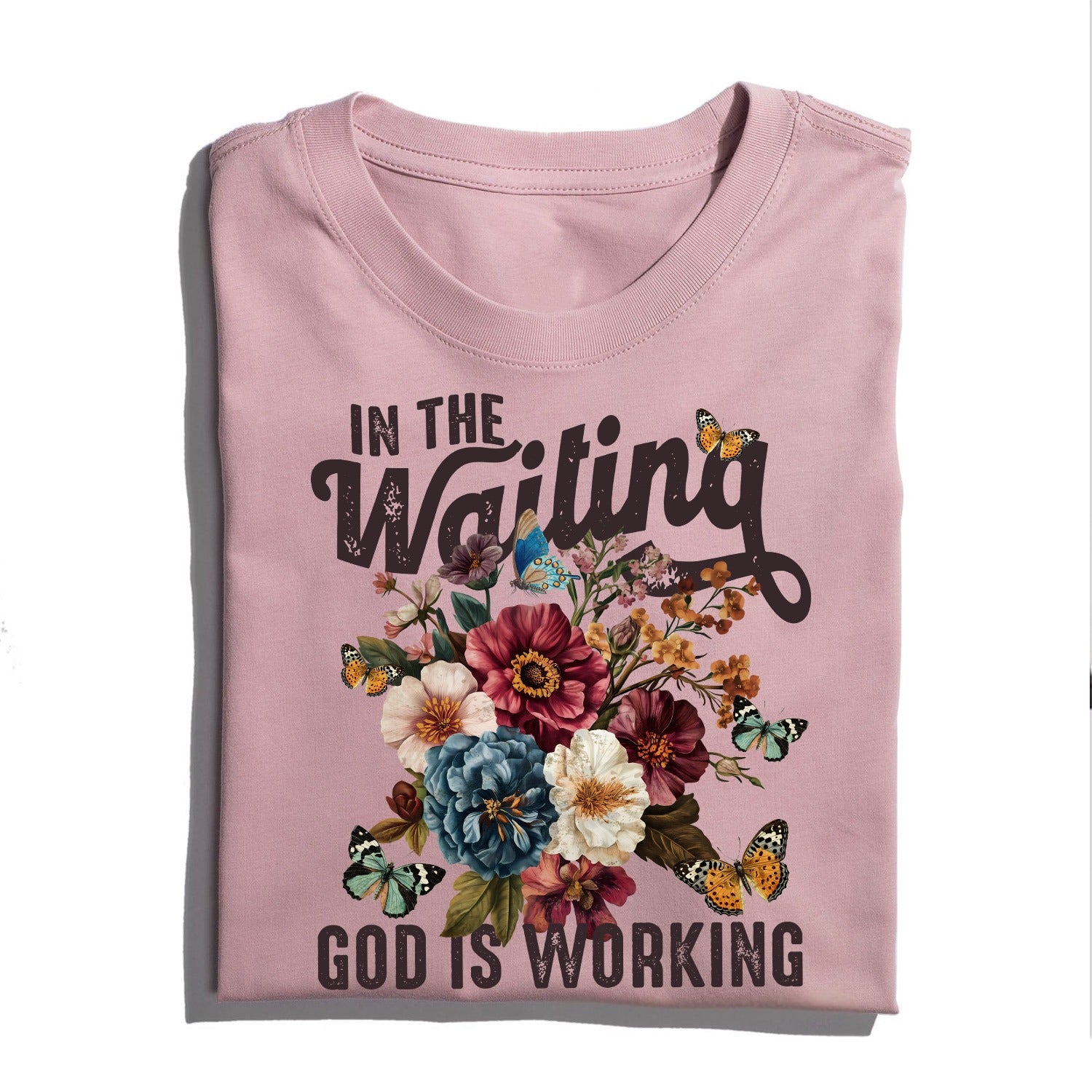 In The Waiting God Is Working T-Shirt, Vintage Floral Christian T-Shirt - Image 5