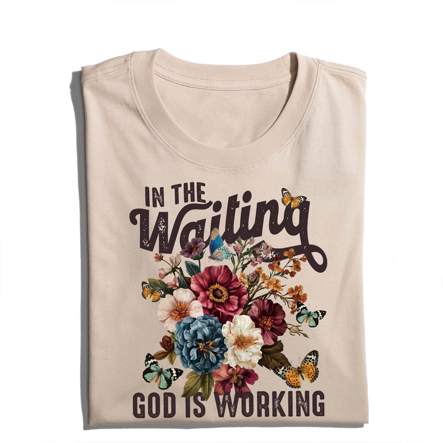 In The Waiting God Is Working T-Shirt, Vintage Floral Christian T-Shirt - Image 3