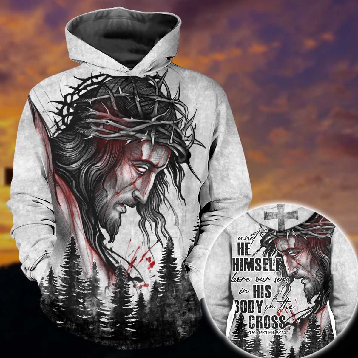 Jesus Crown Of Thorns And He Himself Bore Our Sins - Inspirational Christian 3D All Over Print T-Shirt And Hoodie - Image 2