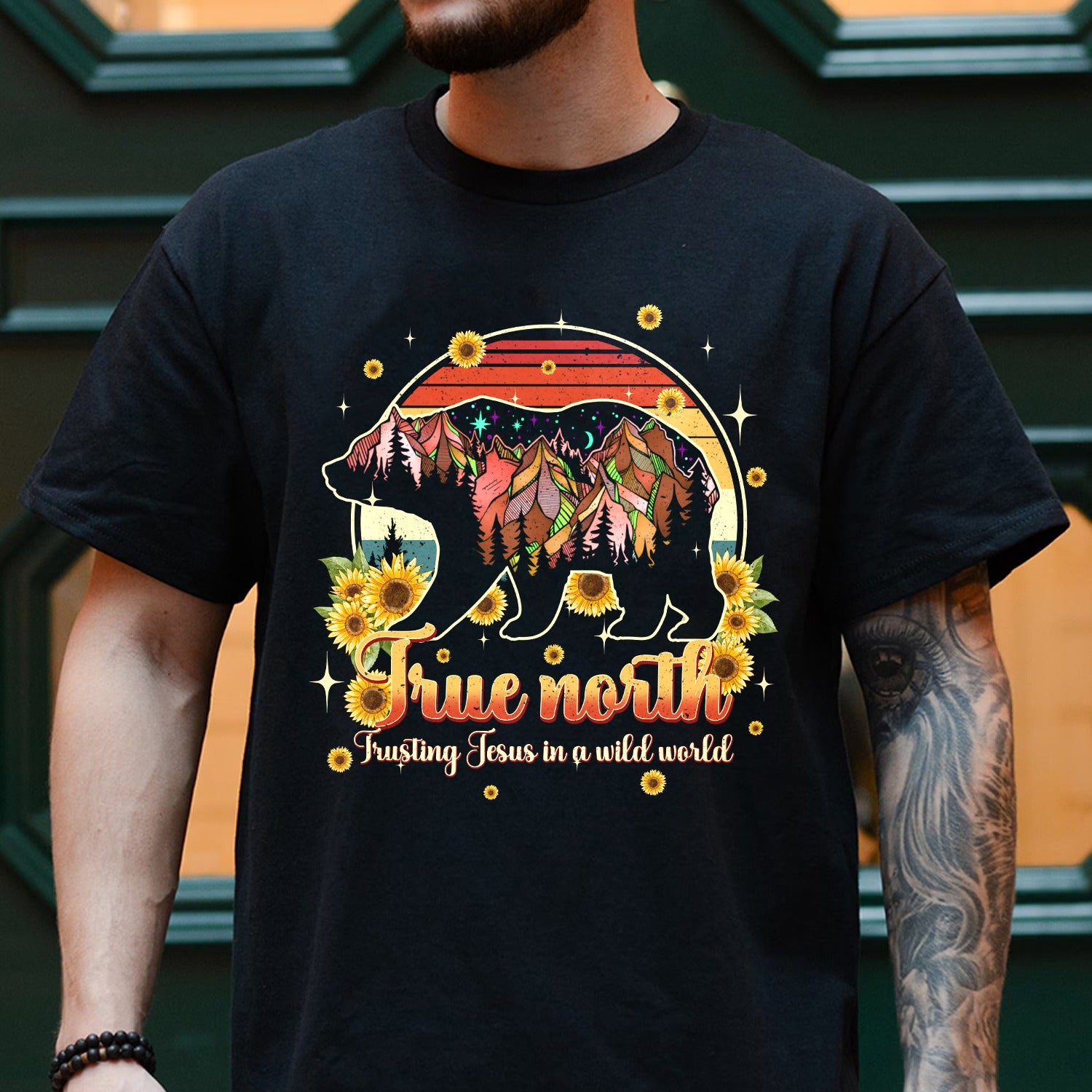 Mountain Bear True North Trusting Jesus In A Wild World Shirt - Inspirational Christian Bear T-Shirt - Image 2