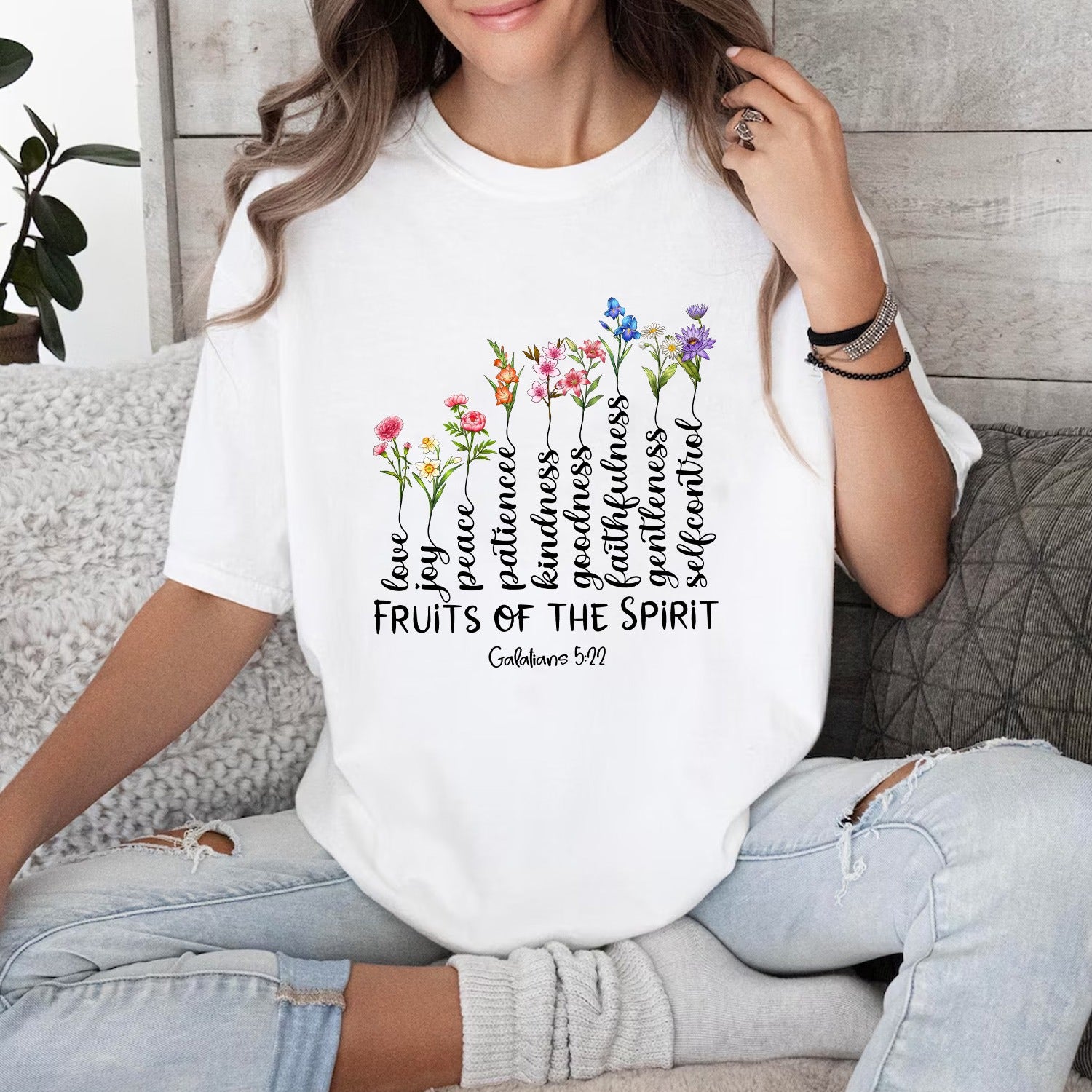 Birth Month Flowers Family Fruit Of The Spirit Galatians 5:22-23 Tree T-Shirt - Image 2