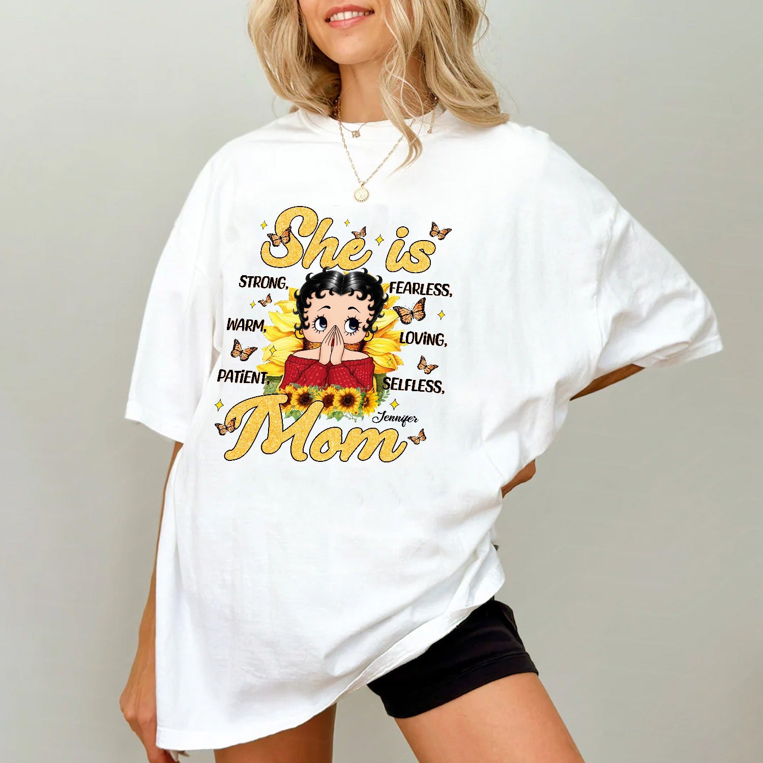 She Is Strong Fearless Warm Loving Patient Selfless Mom T-Shirt