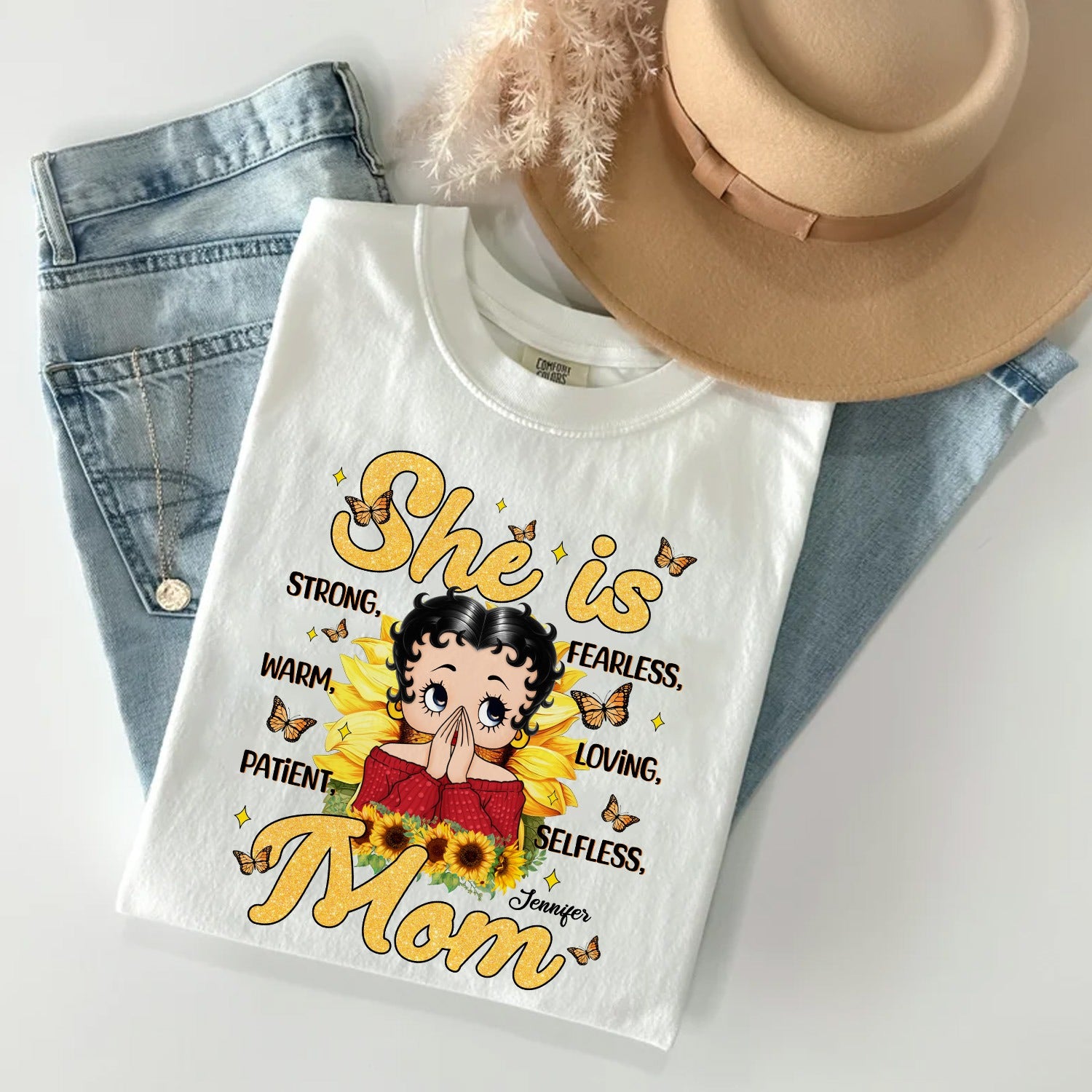 She Is Strong Fearless Warm Loving Patient Selfless Mom T-Shirt - Image 2