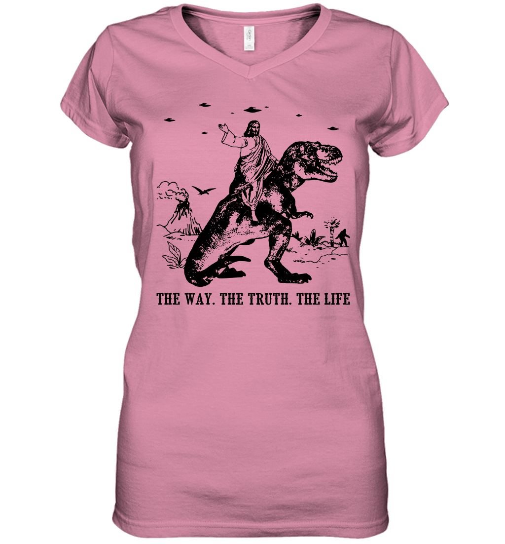Jesus Riding Dinosaur The Way. The Truth. The Life Women's V-Neck T-Shirt - Image 11