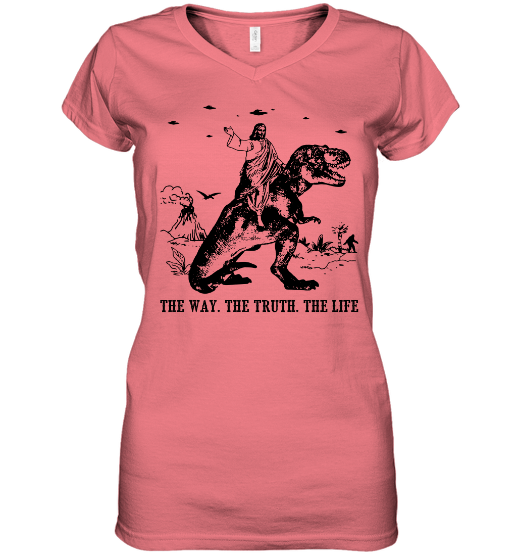 Jesus Riding Dinosaur The Way. The Truth. The Life Women's V-Neck T-Shirt - Image 6