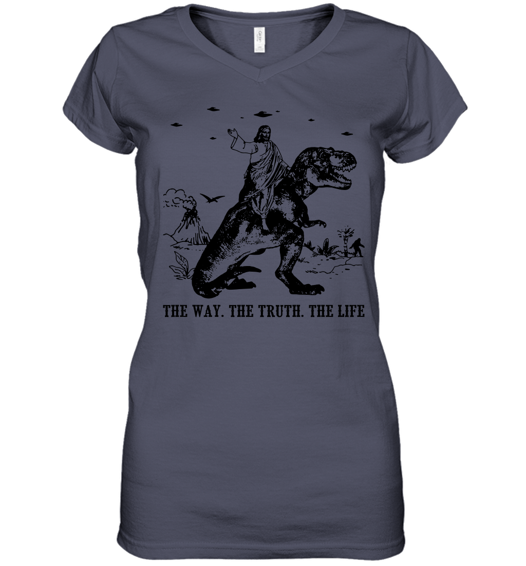 Jesus Riding Dinosaur The Way. The Truth. The Life Women's V-Neck T-Shirt - Image 12