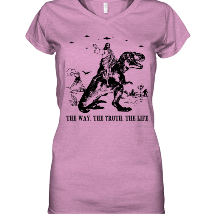 Jesus Riding Dinosaur The Way. The Truth. The Life Women's V-Neck T-Shirt