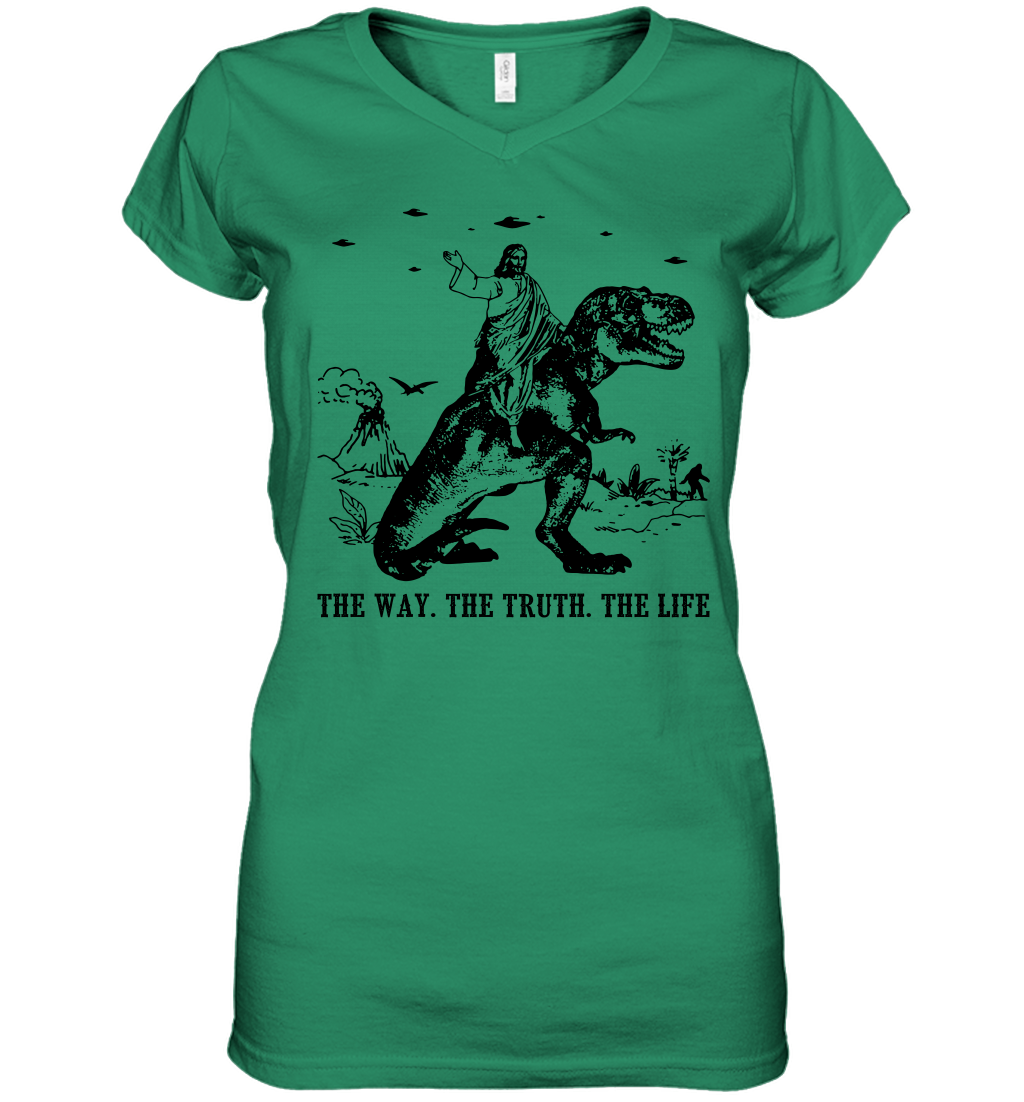 Jesus Riding Dinosaur The Way. The Truth. The Life Women's V-Neck T-Shirt - Image 5