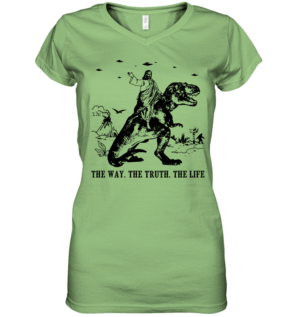 Jesus Riding Dinosaur The Way. The Truth. The Life Women's V-Neck T-Shirt - Image 10