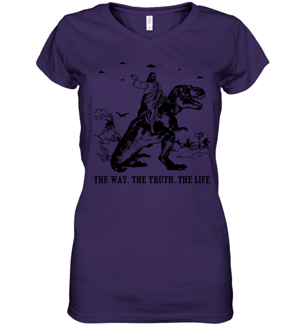 Jesus Riding Dinosaur The Way. The Truth. The Life Women's V-Neck T-Shirt - Image 3