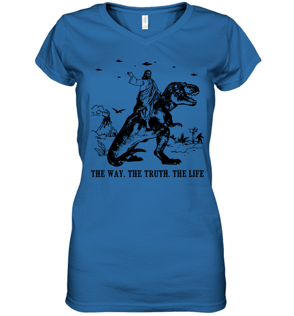 Jesus Riding Dinosaur The Way. The Truth. The Life Women's V-Neck T-Shirt - Image 9