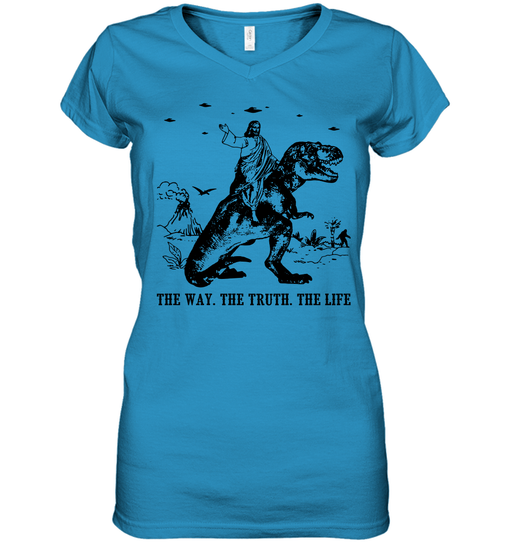 Jesus Riding Dinosaur The Way. The Truth. The Life Women's V-Neck T-Shirt - Image 7