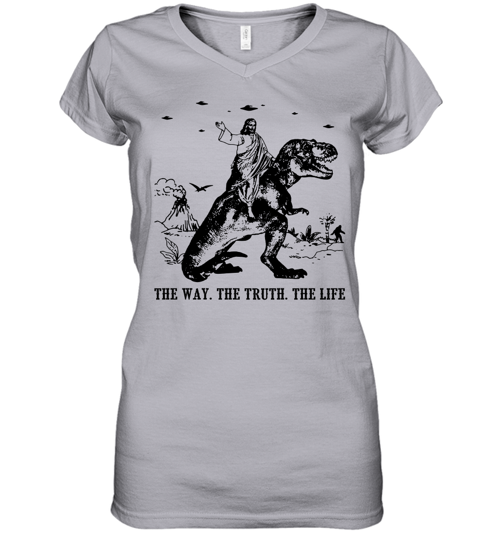 Jesus Riding Dinosaur The Way. The Truth. The Life Women's V-Neck T-Shirt - Image 4