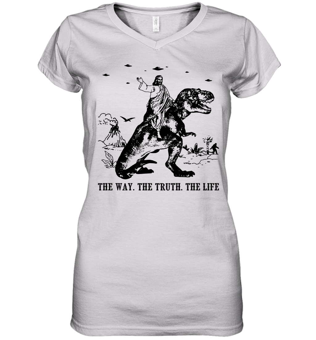 Jesus Riding Dinosaur The Way. The Truth. The Life Women's V-Neck T-Shirt - Image 2